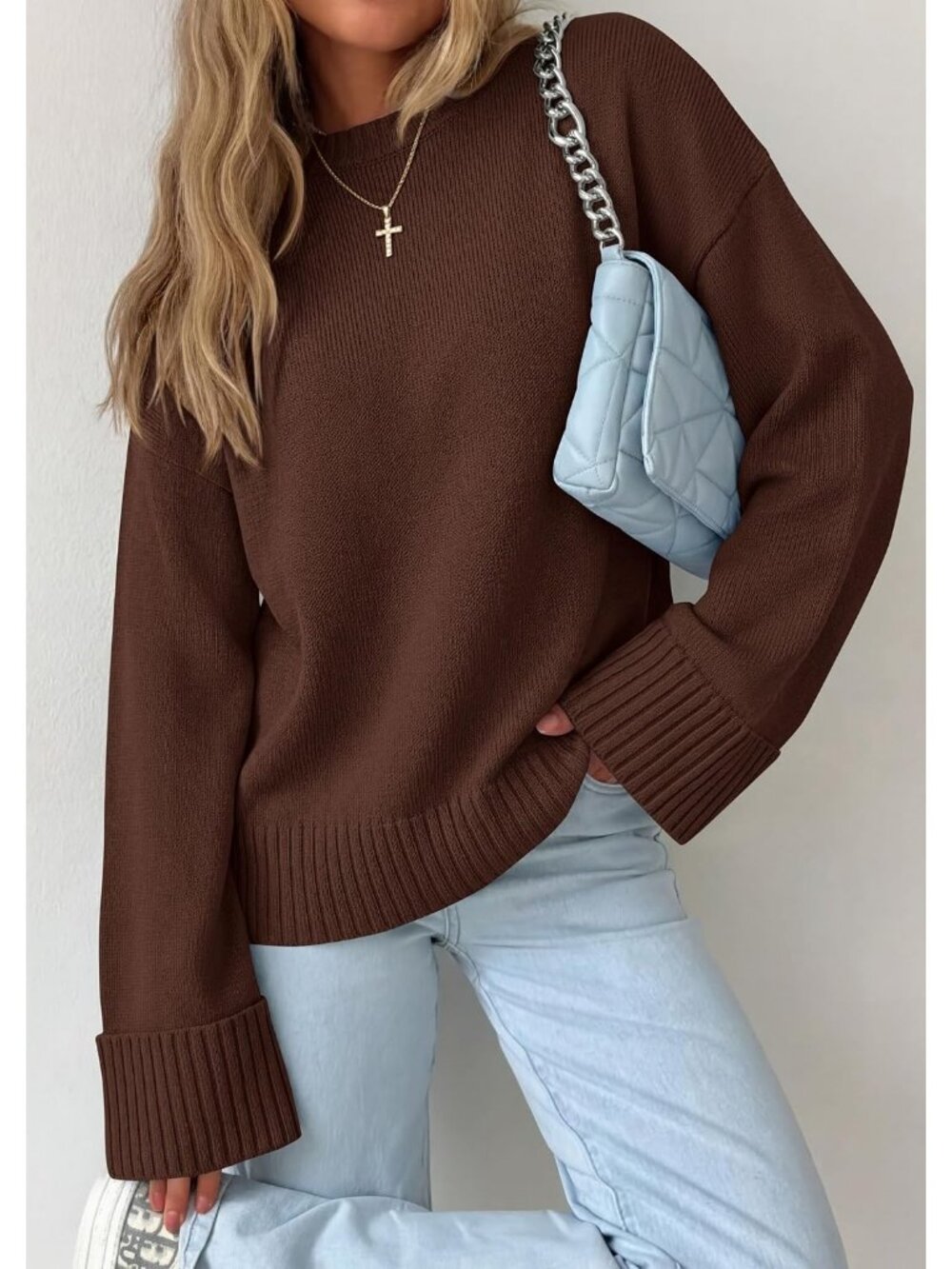 Women's Brown Crewneck Long Sleeve Solid Ribbed Knit Top Oversized Fall Sweater - Picture 4 of 6